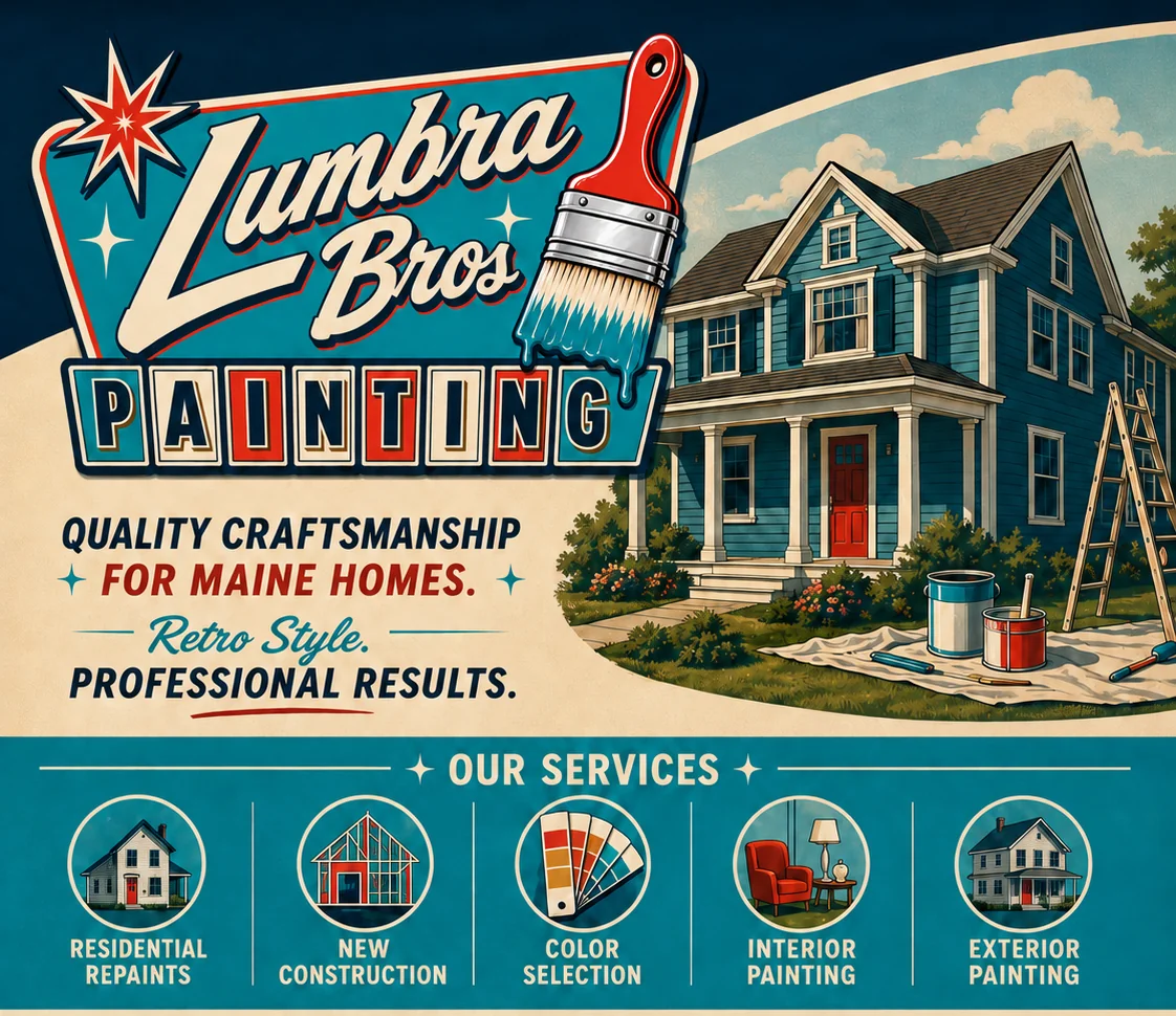 Lumbra Bros Painting retro banner showing a painted Maine home and services: residential repaints, new construction, color selection, interior painting, and exterior painting.